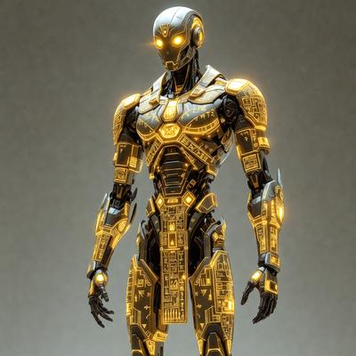 The primary subject of the image is a robot, which is the main object, scene, or focus of the image. The robot is standing in a gray environment, which serves as the setting or background. The visual style of the image is digital art, as it is a computer-generated or digitally created illustration. The robot is predominantly gold and black in color, giving it a futuristic and sleek appearance.